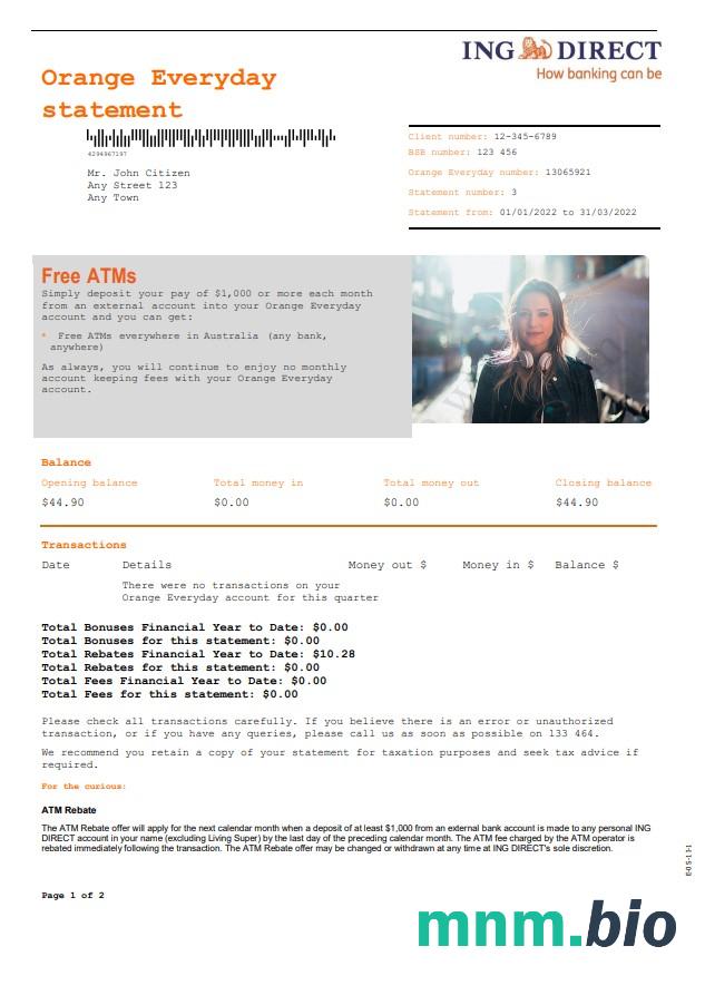 Australia ING bezpośredni szablon wyciągu bankowego w programie Word i PDF